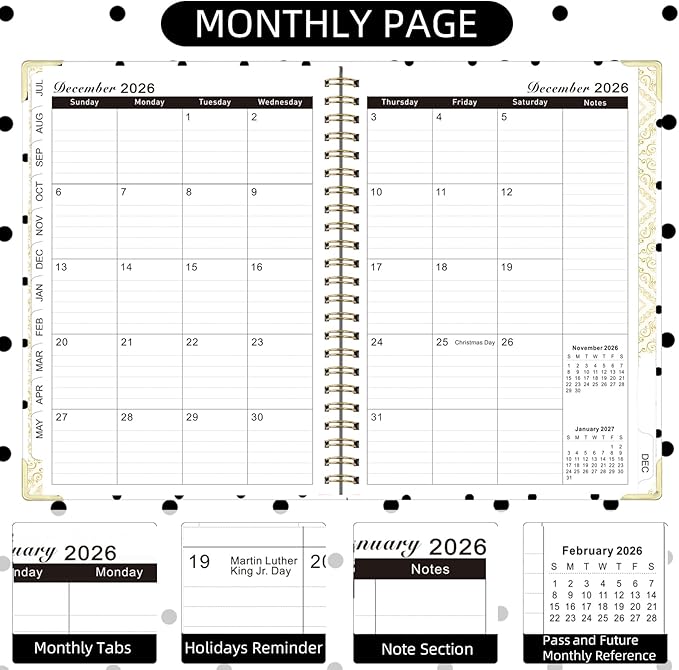 2026 Monthly Planner, Jan.2026 - Dec.2026 Weekly Planner 6.25"x8.5" with Page Tabs, Calendar Hardcover with Inner Pocket, Elastic Band, Twin-Wire Binding, Bookmark, Black White Polka Dots