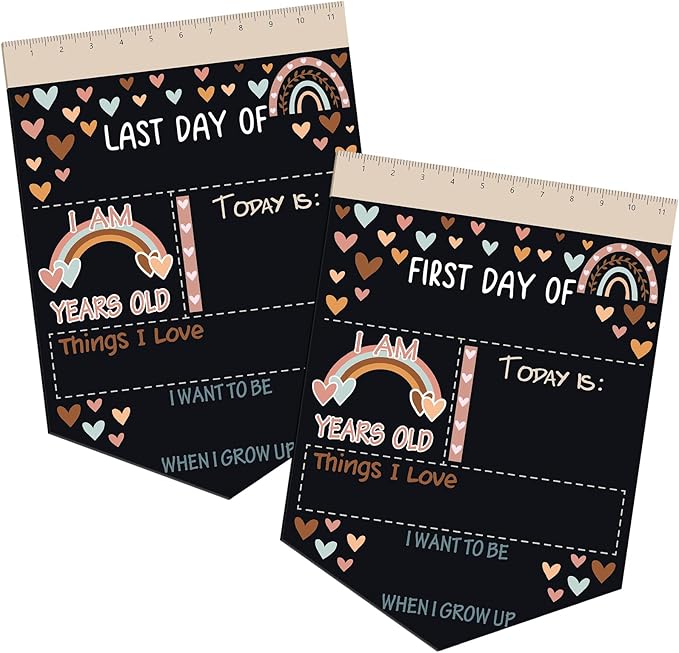 First and Last Day of School Chalkboard Sign 13.8 x 10 Inch Reusable Double Sided First Day of School Sign for Graduation Kids Preschool Kindergarten(Rainbow Hearts Style)