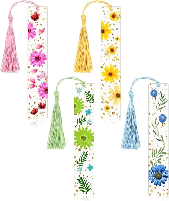 4 Pieces Pressed Flower Bookmarks for Men Women Book Lovers, Dried Flower Bookmarks with Tassels Transparent Acrylic Bookmark Floral Dried Flowers Page Marker for Reading Lover Students Teachers