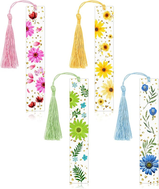 4 Pieces Pressed Flower Bookmarks for Men Women Book Lovers, Dried Flower Bookmarks with Tassels Transparent Acrylic Bookmark Floral Dried Flowers Page Marker for Reading Lover Students Teachers
