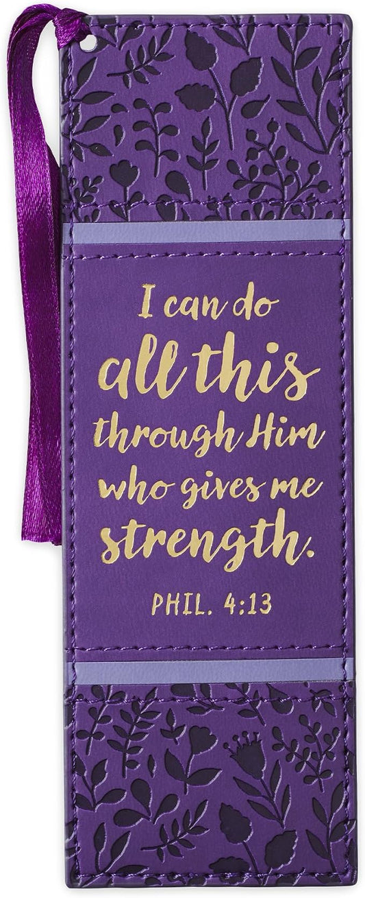 Christian Art Gifts Inspirational Premium Vegan Leather Scripture Bookmark for Women: I Can Do All This Encouraging Bible Verse, Satin Ribbon Tassel for Reading, Heat-Debossed, Purple Floral & Gold