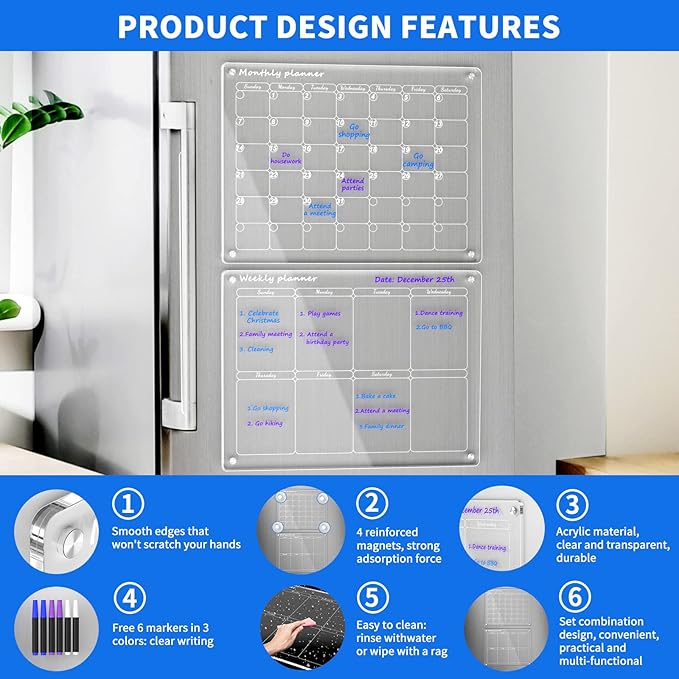 AITEE Acrylic Magnetic Monthly and Weekly Calendar for Fridge, Clear Set of 2 Dry Erase Board Calendar for Fridge Reusable Planner, Includes 6 Dry Erase Markers With 3 Colors(16"x12"Inches)