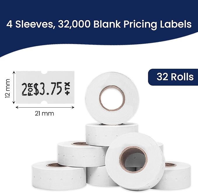 Perco 1 Line Freezer Adhesive Labels - 32 Rolls, 4 Sleeves, 32,000 Blank Price and Date Gun Labels for Perco Lite, X, Plus and Pro 1 Line Price and Date Guns - Made in USA