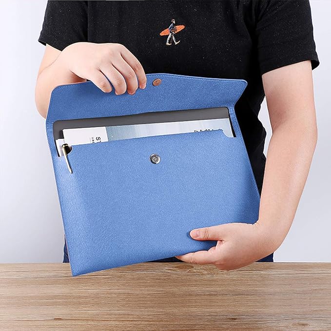 PU Leather A4 File Folder Document Holder Waterproof Portfolio Envelope Folder Case with Snap Closure Blue
