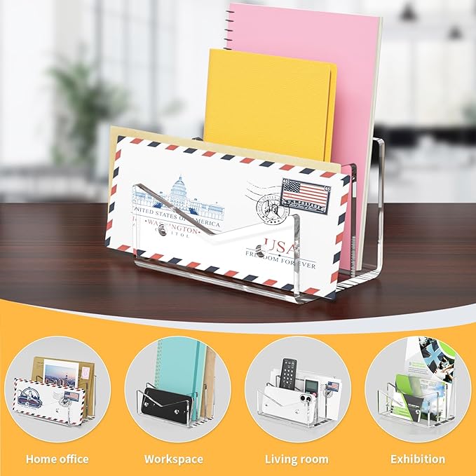 Mail Organizer Envelope Holder - 3 Compartments Clear Acrylic Mail Holder Countertop Vertical Desk Organizer Small File Bill Document Notebook Letter Sorter for Home School Office Supplies