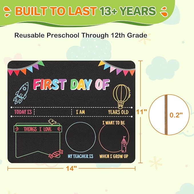 First Day of School Sign & Last Day Board - 11x14 Double-Sided Reusable Chalkboard with Markers - Back to School Gift Photo Prop for Kids Preschool Kindergarten Elementary Grades