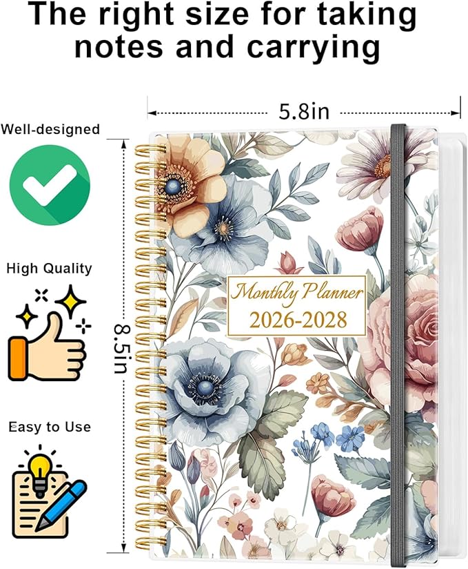2026-2028 Monthly Planner - 36 Month PLanner Calendar from January 2026 to December 2028, 3 Year Planner 2026-2028 with Flexible Cover, Inner Pocket, Perfect for Home | School | Office, 5.8" x 8.5", Colorful Large Flower