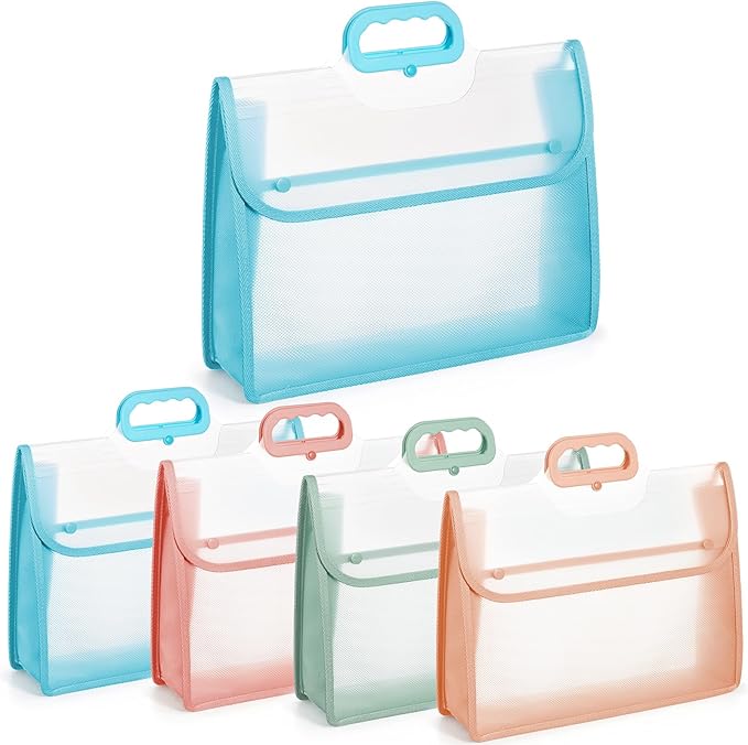4 Pack Plastic Expanding File Folder with Handle Dividers Large Capacity Transparent Document Organizer Pouch Colorful Envelopes with Snap Closure Fit Letter/a4 Size for School Office Home