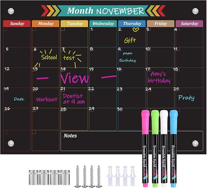 Glass Dry Erase Whiteboard, Color Monthly Calendar Whiteboard, 18" x 24",Frameless Glass White Board for Home, School, Office, Black Surface(BoLi-Color-4560)