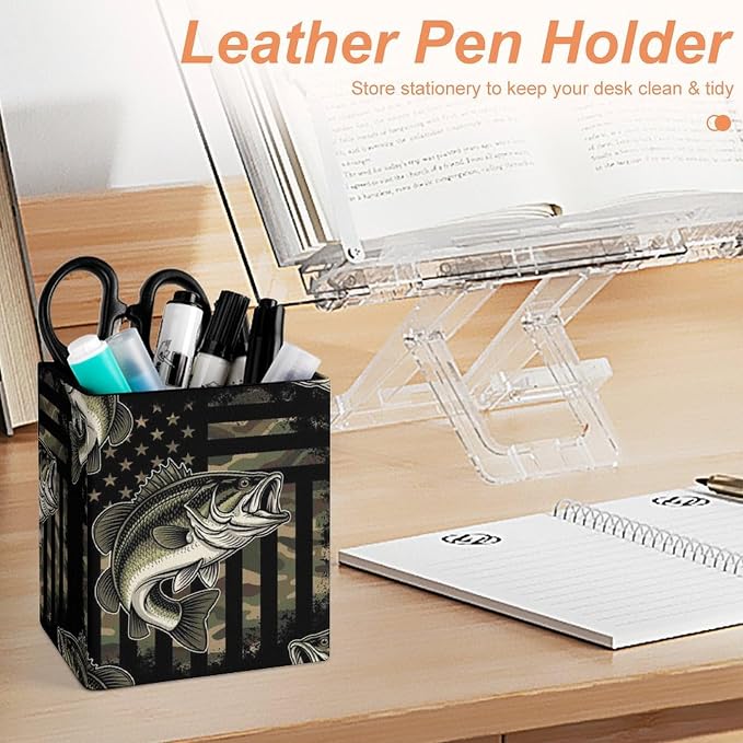 Women's Fashion Pencil Pen Holder Cup, Waterproof Office Supplies, Waterproof Multifunctional Office Supplies Bass Fishing Hunting Camo Camouflage American Flag Art