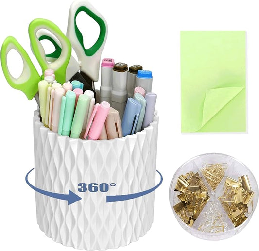 Gawsey 3Pcs 360° Rotating Desk Organizers and Accessories with Pen Holder Sticky Note and Clips Set, Desktop Storage Stationery Supplies Organizer, Cute Pencil Cup for Office, School, Dorm Room