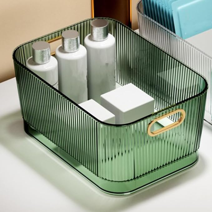 POCREATION Acrylic Storage Bin Clear Green Transparent Desktop Organizer with Convenient Handle for Skincare Products Cosmetics Accessories (M (23x16x10.2cm/9.06x6.30x4.02in))
