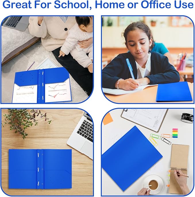 ViVin 12 Pack Plastic Folders with Pockets and Prongs, Heavy Duty 2 Pocket Folders with 3-Prong Fasteners, Poly File Holds 8-1/2" x 11" Paper for School Office Home (Blue)