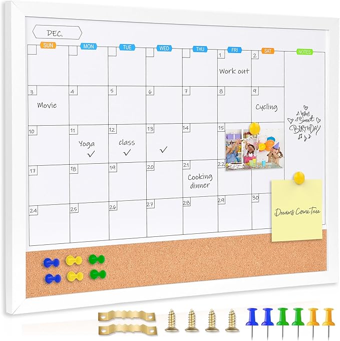 Monthly Whiteboard Calendar with Cork Board for Wall, 17"x13",Magnetic Dry Erase Board with White Wood Framed,2-1 Wall Planner Whiteboard,Bulletin Board with Pins for Home,School,Office