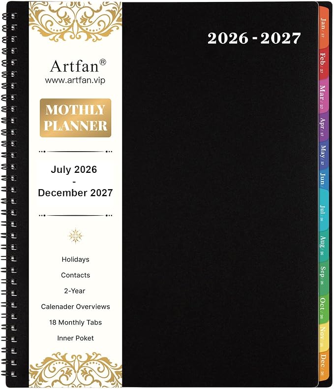 Monthly Planner 2026-2027 - JUL 2026 - DEC 2027 Planner/Calendar,18 Month Planner with Contacts & Passwords, 8.5" x 11" Planners 2026-2027, Monthly Tabs, Thick Paper, Black
