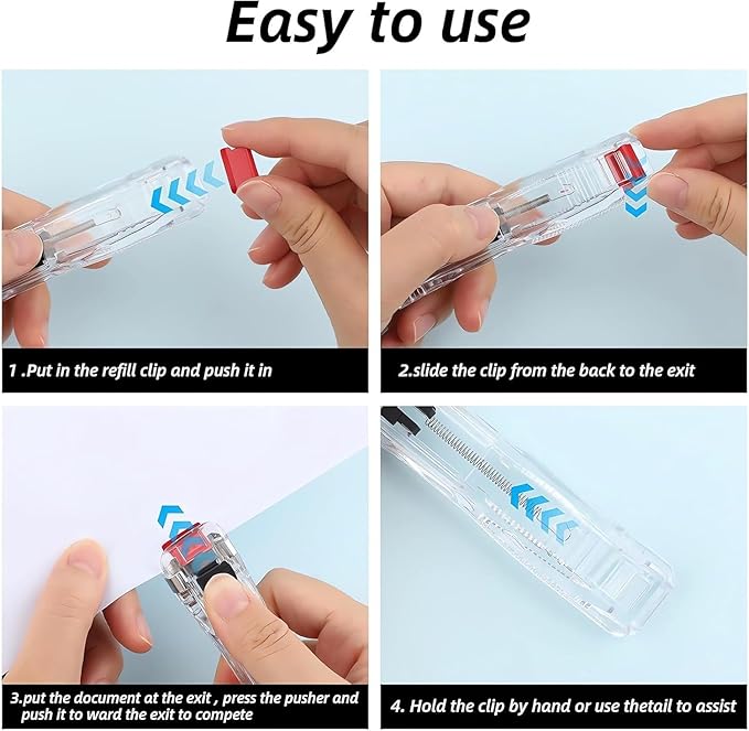 Portable Binder Clip Stapler - Desktop Push Stapler Binder Clips Paper Clamps Small Binding Office Supplies Handheld Stapler Staples Set Desk Paperclip Dispenser