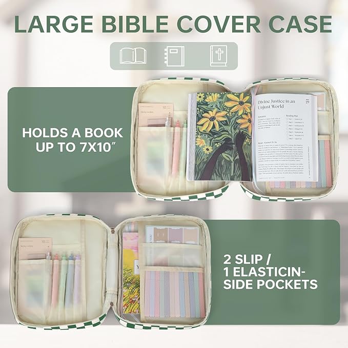 Bible Cover Case for Women Corduroy Bible Case for Girls Checkered Large Bible Cover with Handle Bible Study Supplies Accessories Christian Gifts for Women (Deep Green, Medium)