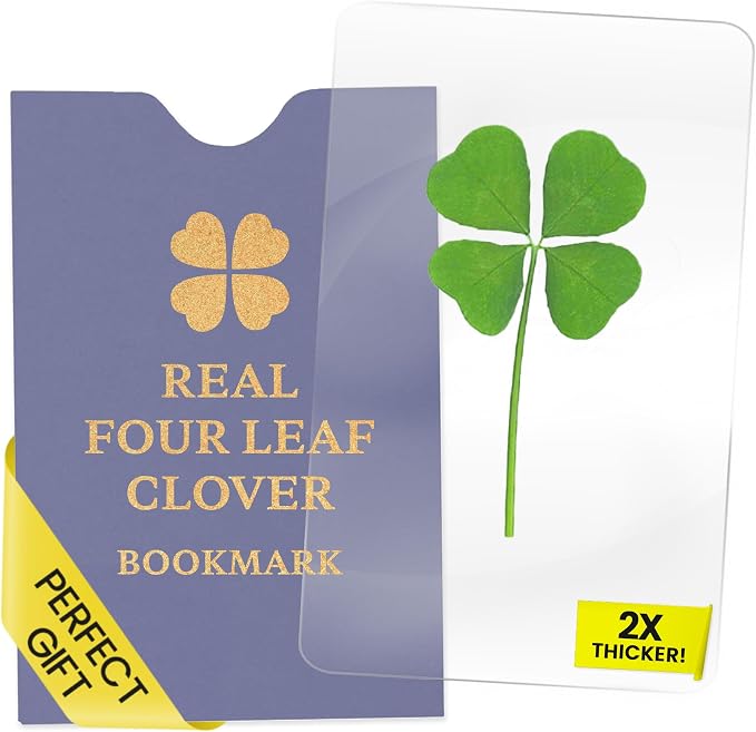 Real Four Leaf Clover Good Luck Charm - Bookmark Gift for Book Lovers - 4 Leaf Clover Symbolizing Hope, Faith, Love & Luck - Waterproof Lamination for Long Lasting Luck - Purple Case - 3.37" x 2.13"