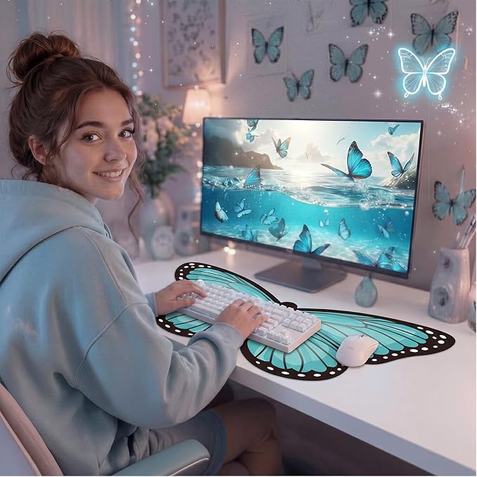 Tellegloww Large Teal Butterfly Gaming Mouse Pad Desk Mat Decorative Butterfly Keyboard Desk Mat with Non-Slip Base Table Accessories for Office Home Study 35.43 x 15.75 Inches