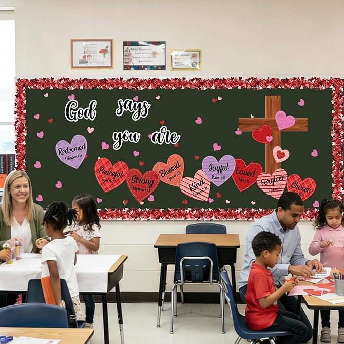 Pasimy Religious Valentine's Day Bulletin Board Set 3D Valentines Christian Classroom Decorations Bible Verse Cross God Says You are Bulletin Board Cutouts for Church Library Sunday School Supplies