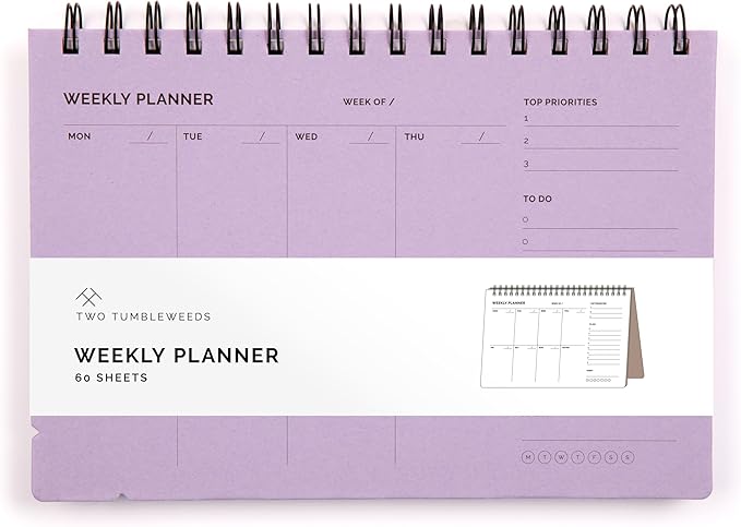 Undated Weekly Planner Notebook - Spiral Bound, 60 Pages, 5.75 x 8.5" (A5 size), Purple Cover