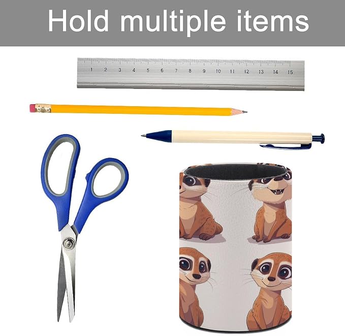 Comic Meerkat Pencil Holder Round Pen Cup Funny PU Leather Marker Holder Makeup Brush Holders Desk Accessories Workspace Organizers for Home School Office