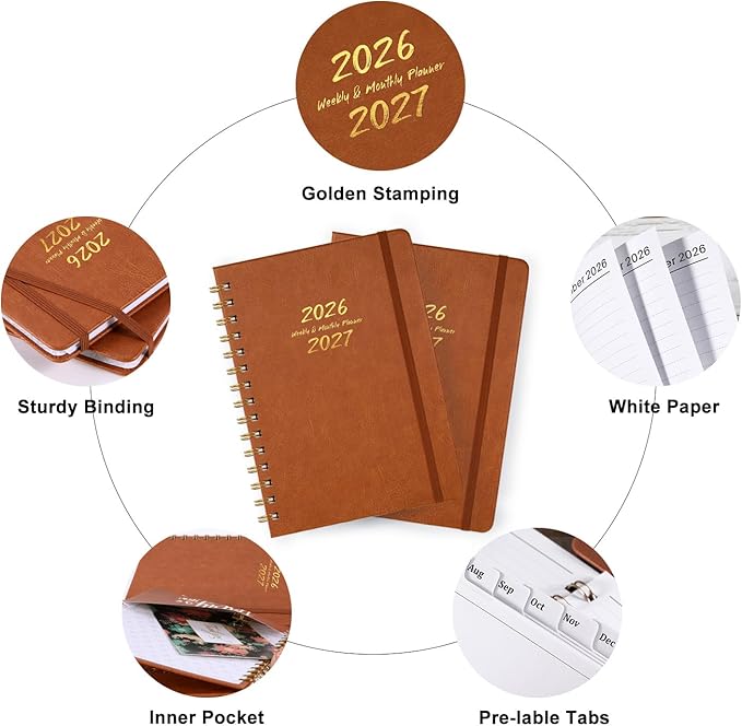 Planner 2026-2027 - Weekly & Monthly 2026-2027 Planner with Twin-Wire Binding, JULY 2026 - JUNE 2027, 6.3" x 8.4", Hardcover with Monthly Tabs, Back Pocket, Thick Paper - Brown