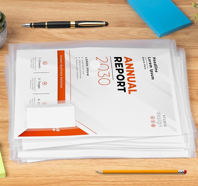 ABSOFINE 48 Pack Plastic Envelope File Folders, Transparent Folders for Documents A4 Letter Size with Label Pocket for School Home Work Office Organizer, Hook & Loop Closure, 100% Clear, Easy Storage