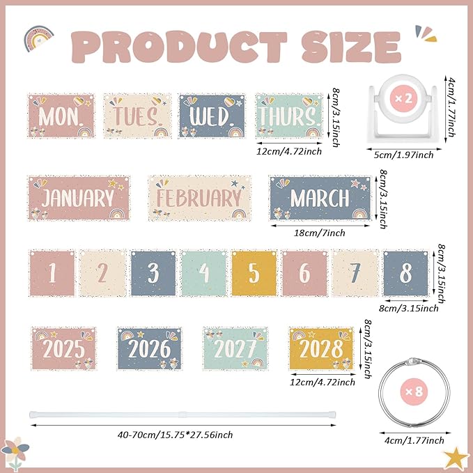 AmazingSpark 54 Pcs Boho Calendar Bulletin Board Set 54 Date Cards for Boho Flip Calendar with Adjustable Holder for Home Decor Back to School Classroom Decoration Supplies
