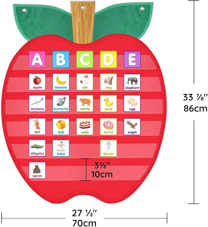 Large Pocket Chart for Classroom, 27 ½＂x 33 ⅞" Apple Shaped Hanging Pocket Charts for Kids, Back to School Supplies for Teacher, Pocket Charts with 6 Sentence Strips Holder (Red)