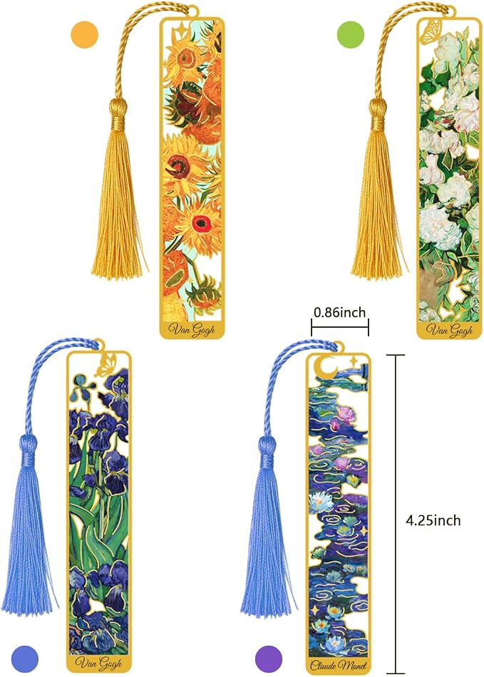 4 Pieces Metal Bookmarks with Tassel, Golden Hollow Bookmark Van Gogh Monet Oil Painting Theme Book Marker for Book Lovers Writers Readers Children Teens Men Women Adults