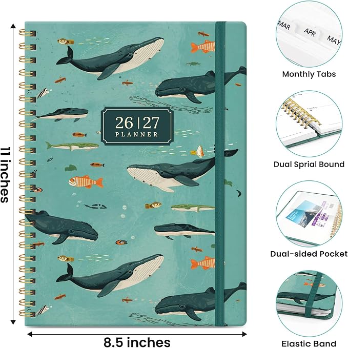 Planner 2026-2027, Monthly and Weekly Calendar Academic Planner July 2026 - June 2027, Hardcover Student Teacher Planning Agenda Book with Tabs, Perfect for Office School Supplies, A4 (8.5" x 11") - Depths Whale