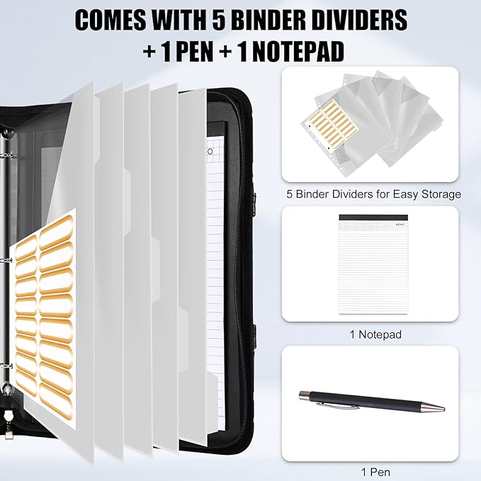 Portfolio Binder 3 Ring Includes Pen and 5 Dividers with 10 Pockets, Padfolio Organizer with Magnetic Handle for Men and Women, Includes A4 Notepad for Business, School, Work