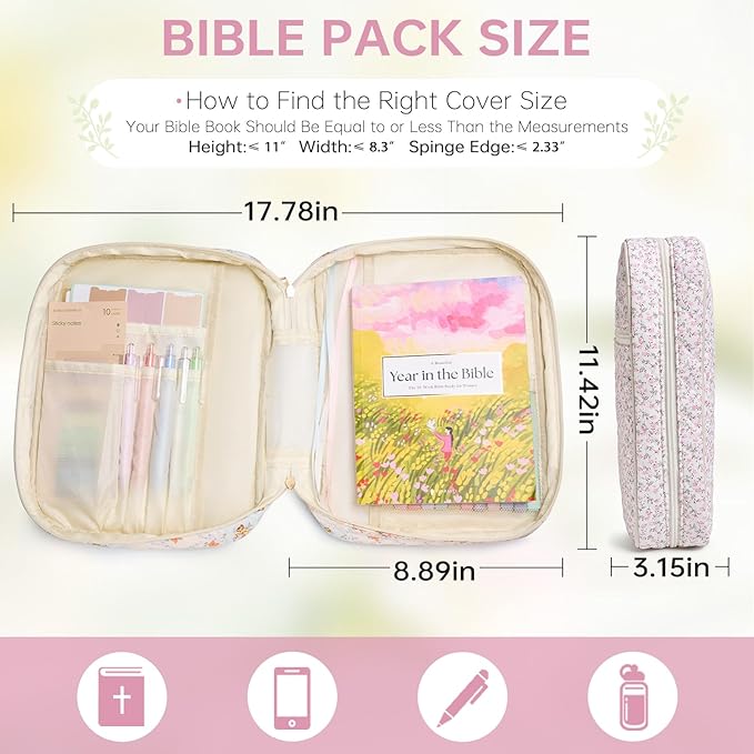 Bible Cover Case for Women Large Bible Cover with Durable Handle Quilted Bible Carrying Case for Girls Bible Study Supplies Accessories (Mini Pink Flower, Mini Pink Flower)