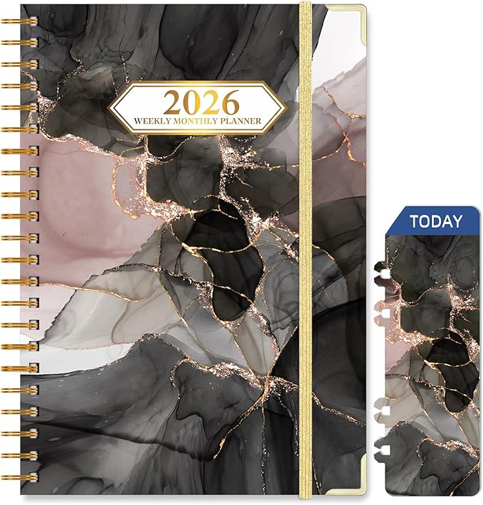 2026 Planner, Jan.2026 - Dec.2026 Weekly Monthly Planner 6.25"x8.5" with Page Tabs, Calendar Hardcover with Inner Pocket, Elastic Band, Twin-Wire Binding, Bookmark, Black Pink Marble
