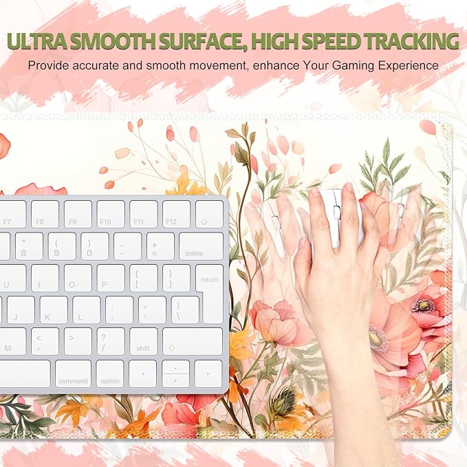 XXL Desk Pad Mouse Pad, Large Gaming Mouse Mat with Stitched Edges, Non-Slip Waterproof Rubber Base Mous Mat for Office Computer Keyboard Laptop Home Decor Women (35.4X17.5 in), Coral Flowers