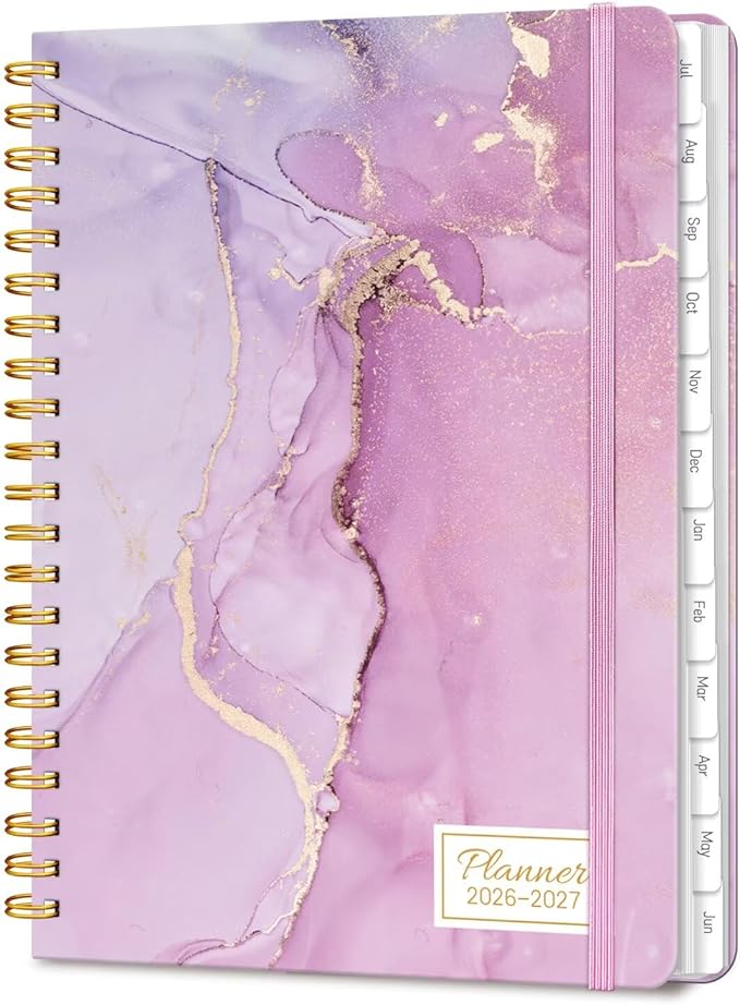 Lonely Oak Academic Planner 2026-2027, Daily Weekly and Monthly Agenda Planner 6.18" x 8.5" with Tabs, 12 Months Spiral School Year A5 Calendar from Jul.2026 to Jun.2027 for Student and Teacher (Purple Marble)