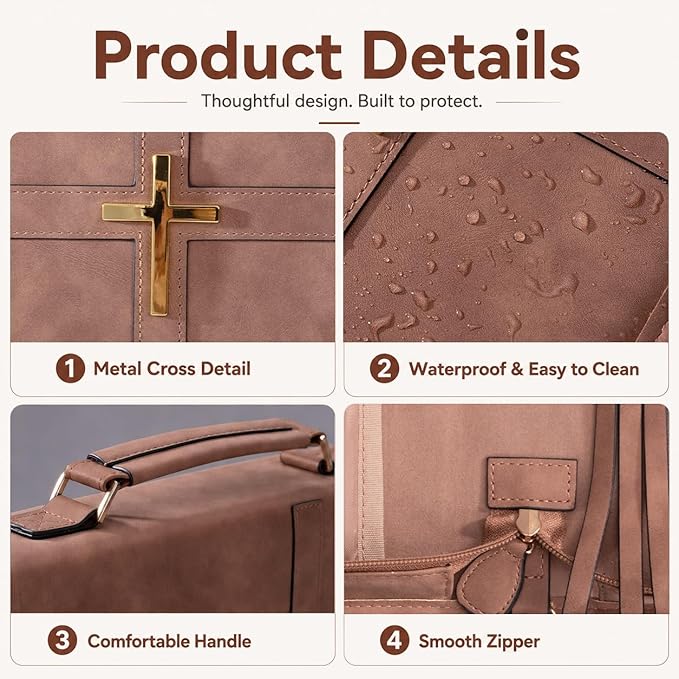 Bible Cover for Men and Women, PU Leather Large Bible Bag with Handle & Shoulder Strap, Bible Carrying Case with Cross Design and Pockets for Church, Bible Study & Christian Gifts, Brown