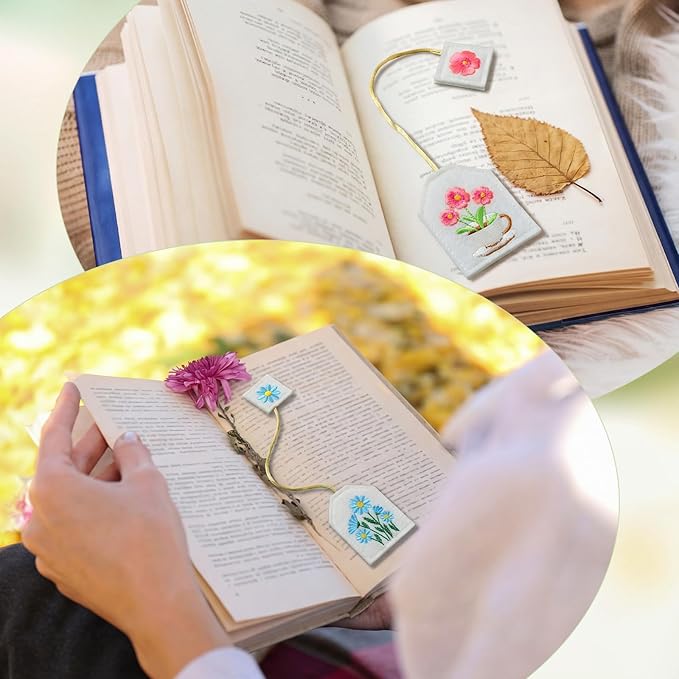 Honoson 6 Pcs Bookmarks Tea Party Favors Garden Coquette Design Bookmarks Cute Hand Embroidered Gift for Women Mom Mother's Day Book Reading Lovers Gift (Flower,Felt)