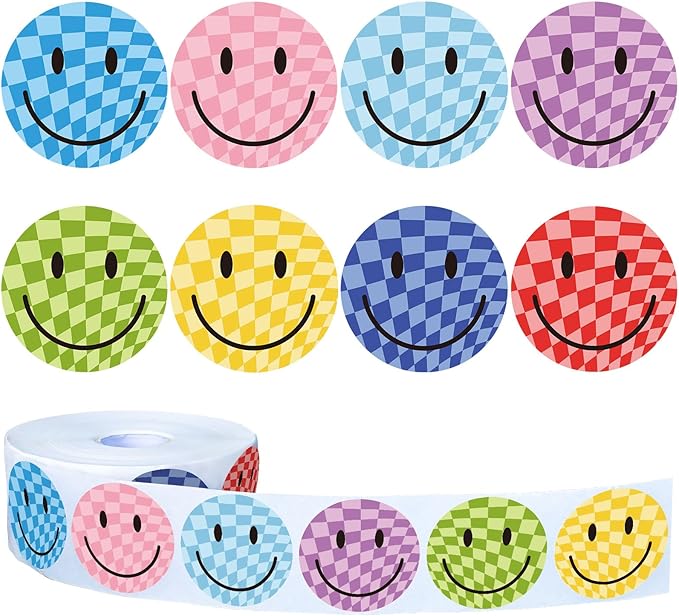 Whaline 1000Pcs Checkered Smile Face Stickers Roll Happy Face Decal Stickers Colorful Round Label Stickers Reward Adhesive Stickers for School Teachers Students Rewards Party Favor Supply