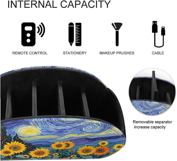 Starry Night Sunflower Office Desk Organizers with 5 Compartments, Remote Control Holder Desktop/TV Stand/Couch Accessory,for Controllers/Media Players/Eyeglasses Storage