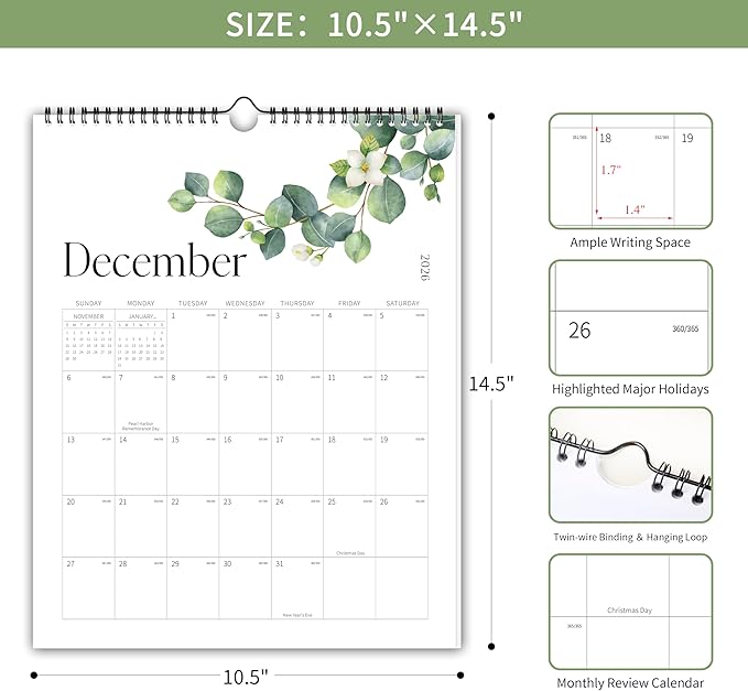 Aesthetic 2026 Wall Calendar - 12 Monthly Calendar from January 2026 to December 2026, 14.5" x 10.5", Modern Vertical Wall Hanging Calendar for Organizing & Planning, Leaves