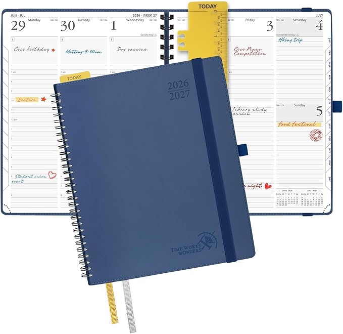 POPRUN Planner 2026-2027 (Large - 8.5'' x 10.5'') Academic Weekly Calendar (July 2026 - June 2027) with Hourly Time Slots, Monthly Tabs, 100GSM Thick Papers, Spiral Leather Cover - Navy Blue