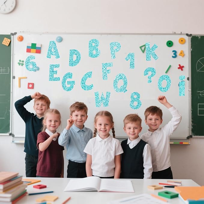 Glitter Bulletin Board Letters for Classroom Numbers Alphabet Poster Board Letters with Adhesive Dots Punctuation Symbols Cutout Bulletin Display School (Light Blue