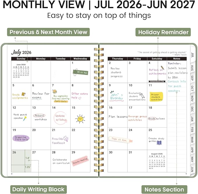 Academic Planner 2026-2027, Weekly and Monthly Calendar Planner Book, July 2026 – June 2027, Hardcover Organizer with Tabs, Perfect for Teachers, Students, Women & Men, A5 (6.4" x 8.5") - Green