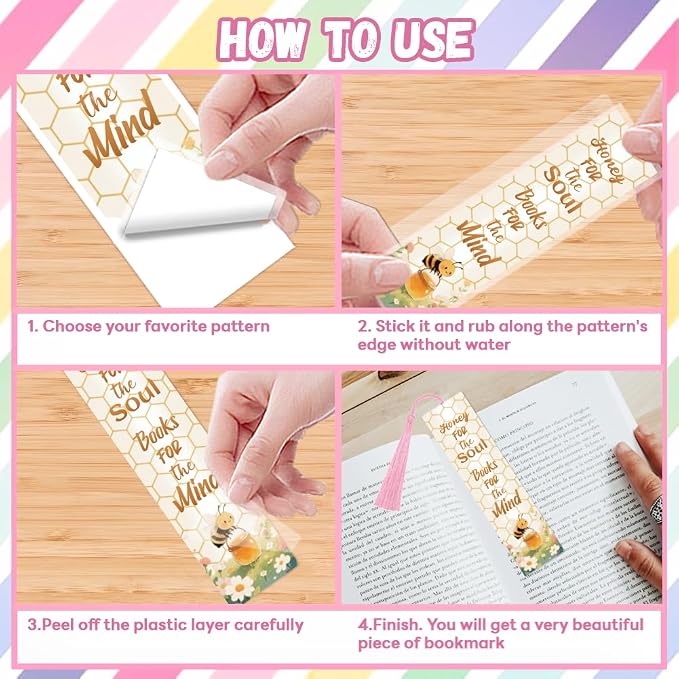 Peacoblue 30pcs UV DTF Bookmarks Transfer Stickers Wraps Bees and Flowers for Women Men Reading, Waterproof Bookmarkers Decal(No Blank Bookmarks) for Acrylic Plastic Metal Blank Bookmark