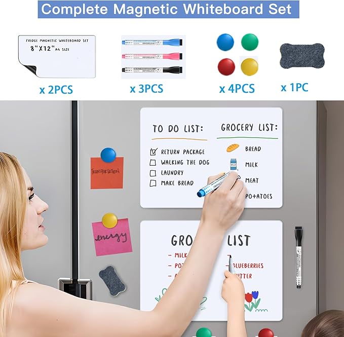 Magnetic Fridge Whiteboard Set: Dry Erase White Board (12X8"), Magnets ( Bonus), Markers & Erasers