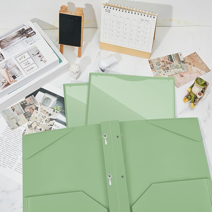 Henoyso 18 Pcs Plastic Folder with Clear Front Pocket and 3 Prong Plastic Folders with Card Slot Pocket Folders with Prongs for School Office (Sage Green)