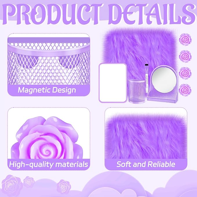 8 Pcs Locker Accessories for Girls with Purple Magnetic Mirror, Magnetic Pen Holders, Cute Flower Magnets, Cute Locker Decor Backing for Girls in Middle School Locker Stuff for Girls