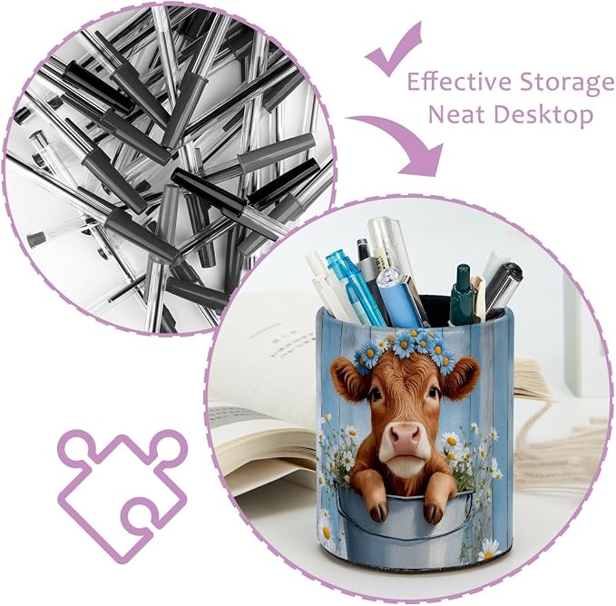 Highland Cow Daisies Farmhouse Pen Holder Pencil Organizer Cute Pencil Cup Desk Decor Makeup Brush Holder PU Multifunctional Office Supplies for Home Classroom School